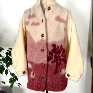 Fun vintage brushed wool sweater with sheep and oak trees. Slouched shoulders
